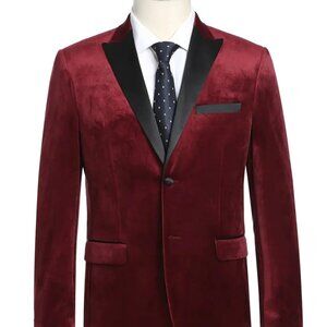 Mens Classic Velvet Fabric Tuxedo Dinner Jacket in Dark Burgundy
